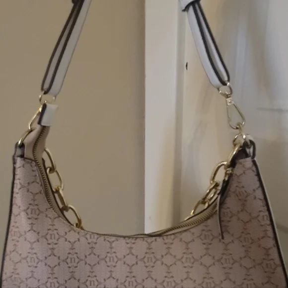 Nanette Lepore Monogram Shoulder Bag – Tan/Beige with Gold Chain Detail - Picture 11 of 16